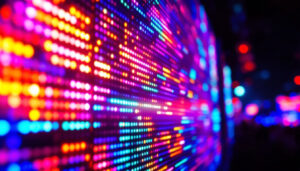 A photograph of a close-up shot of a vibrant led display in use