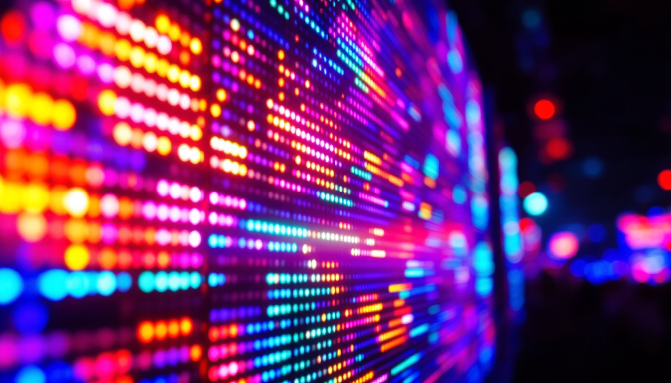 A photograph of a close-up shot of a vibrant led display in use