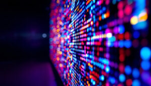 A photograph of a close-up of a vibrant led display showcasing dynamic visuals