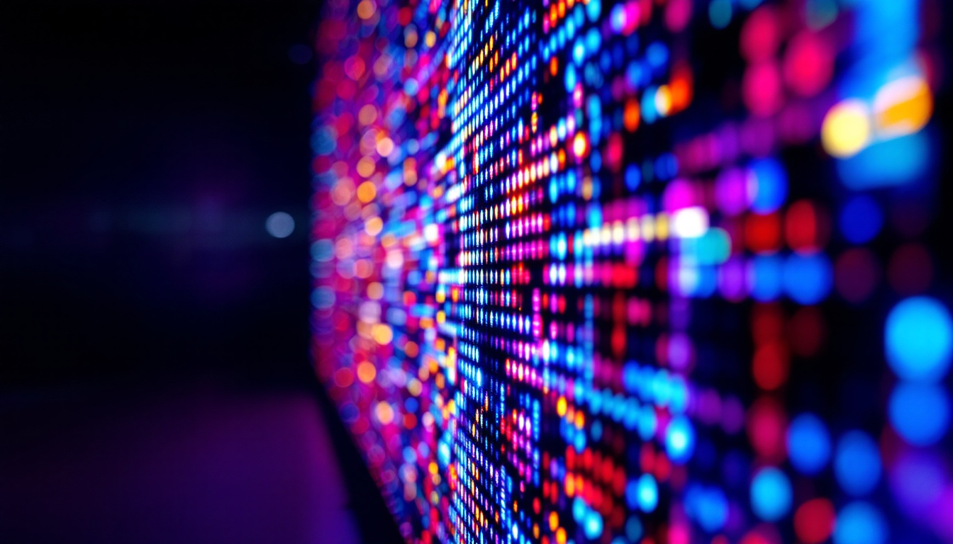 A photograph of a close-up of a vibrant led display showcasing dynamic visuals