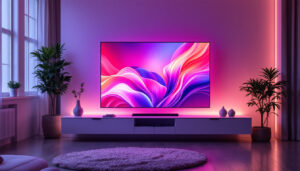 A photograph of a modern living room showcasing a sleek led display television
