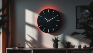 A photograph of a sleek 16-inch wall clock with an led display