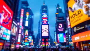 A photograph of a vibrant led display in a bustling urban environment