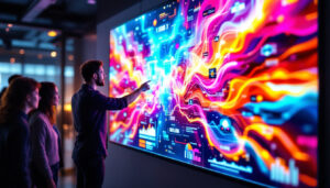 A photograph of a vibrant led wall monitor displaying a dynamic visual