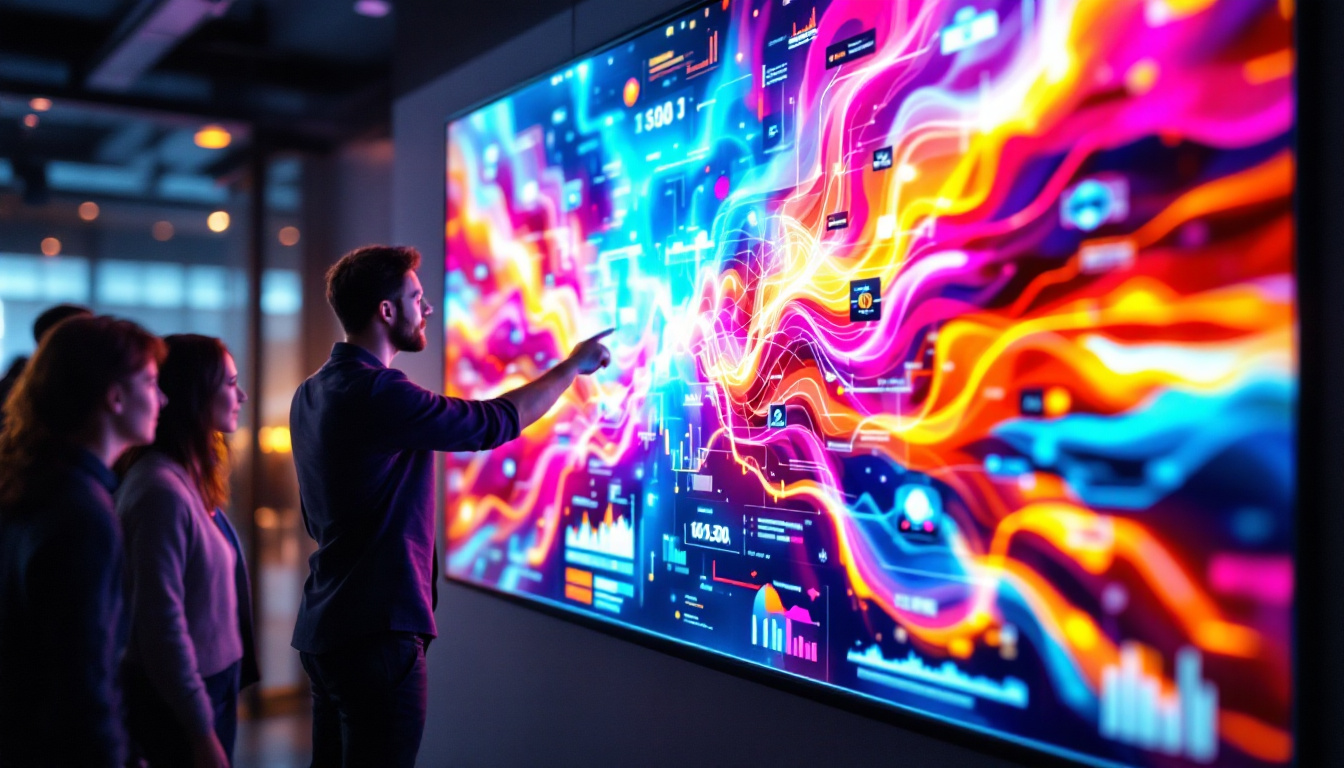 A photograph of a vibrant led wall monitor displaying a dynamic visual