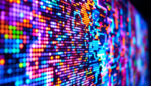 A photograph of a vibrant pixel art display on an led screen