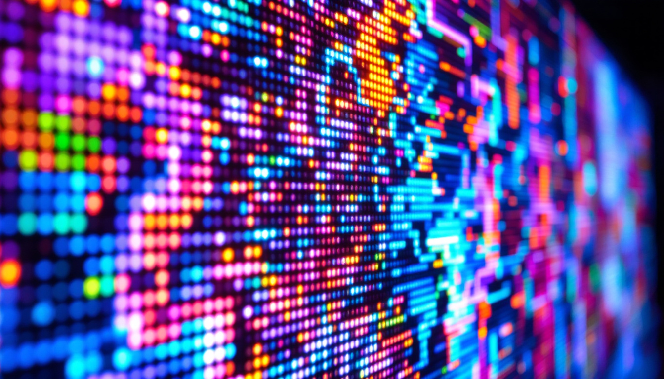 A photograph of a vibrant pixel art display on an led screen