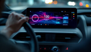A photograph of a close-up view of a modern vehicle's driver screen