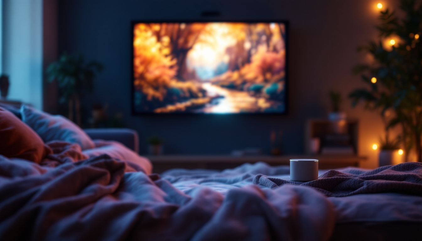A photograph of a sleek led portable projector in use
