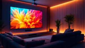 A photograph of a modern media room featuring an led projector in action