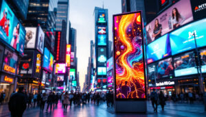 A photograph of a vibrant led display in a bustling urban setting