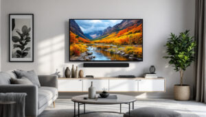 A photograph of a stylish living room setup featuring a mounted led tv