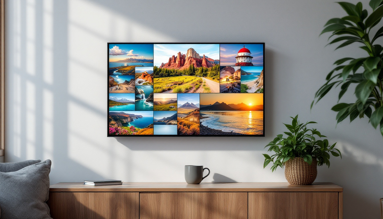A photograph of a touch screen digital frame displaying a vibrant collection of photographs