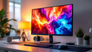 A photograph of a vibrant led monitor displaying a colorful