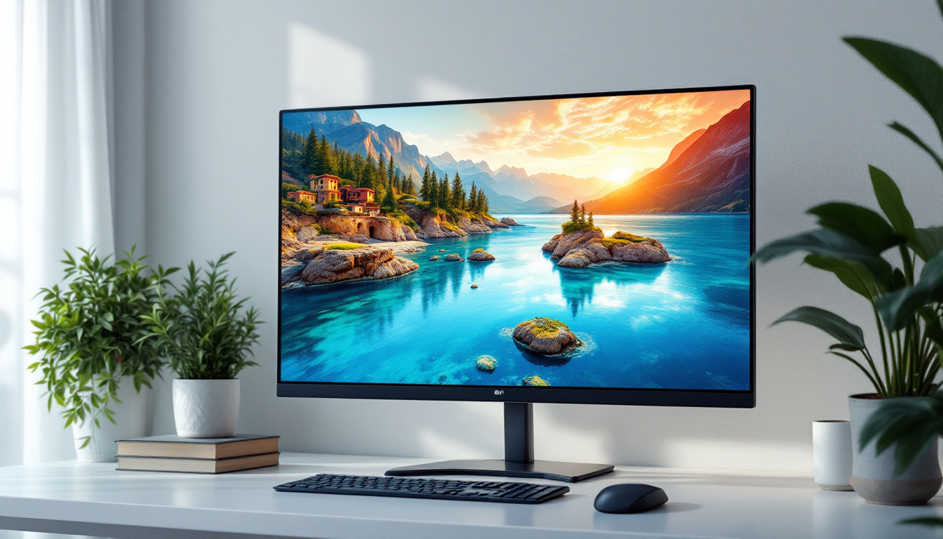A photograph of a sleek 32-inch fhd led monitor displaying vibrant