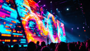 A photograph of a vibrant led display in action during a live event