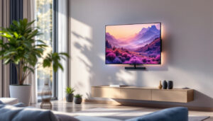 A photograph of a sleek low-profile full motion tv mount installed on a wall