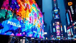 A photograph of a vibrant led display in a bustling urban setting