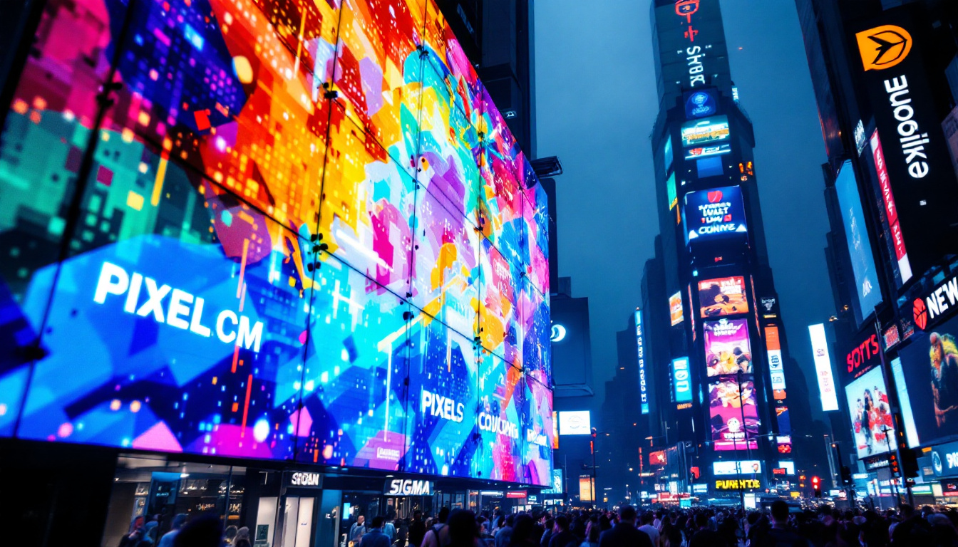 A photograph of a vibrant led display in a bustling urban setting