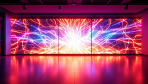 A photograph of a vibrant and modern wall art installation featuring an led display