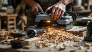 A photograph of a modern planer with a clear led display in action