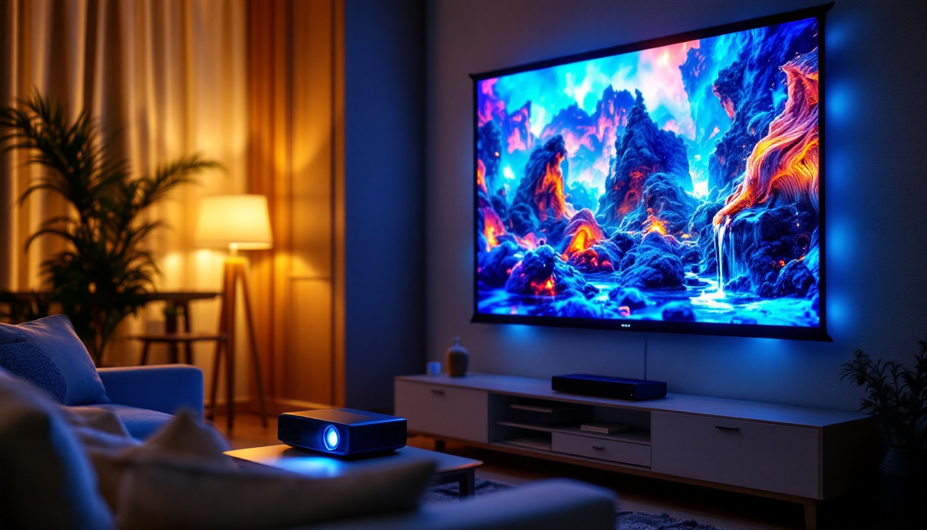A photograph of capture a photograph of a fixed screen projector in a cozy home theater setting