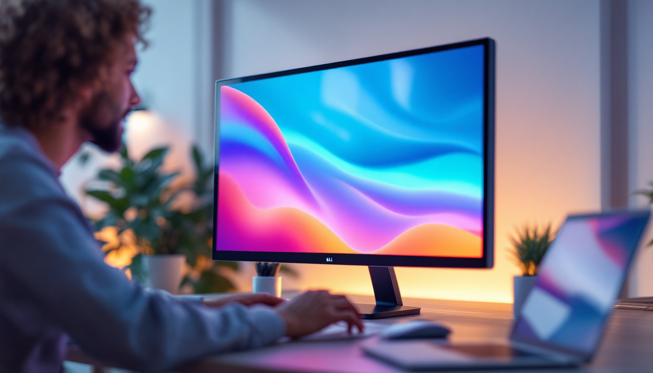 A photograph of a sleek led display monitor in a modern workspace