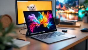 A photograph of capture a photograph of a sleek surface pro 9 connected to a vibrant portable led monitor