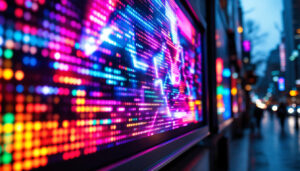 A photograph of capture a photograph of a vibrant led display in a bustling urban setting in hillsboro