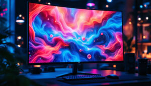 A photograph of a large led computer monitor displaying vibrant