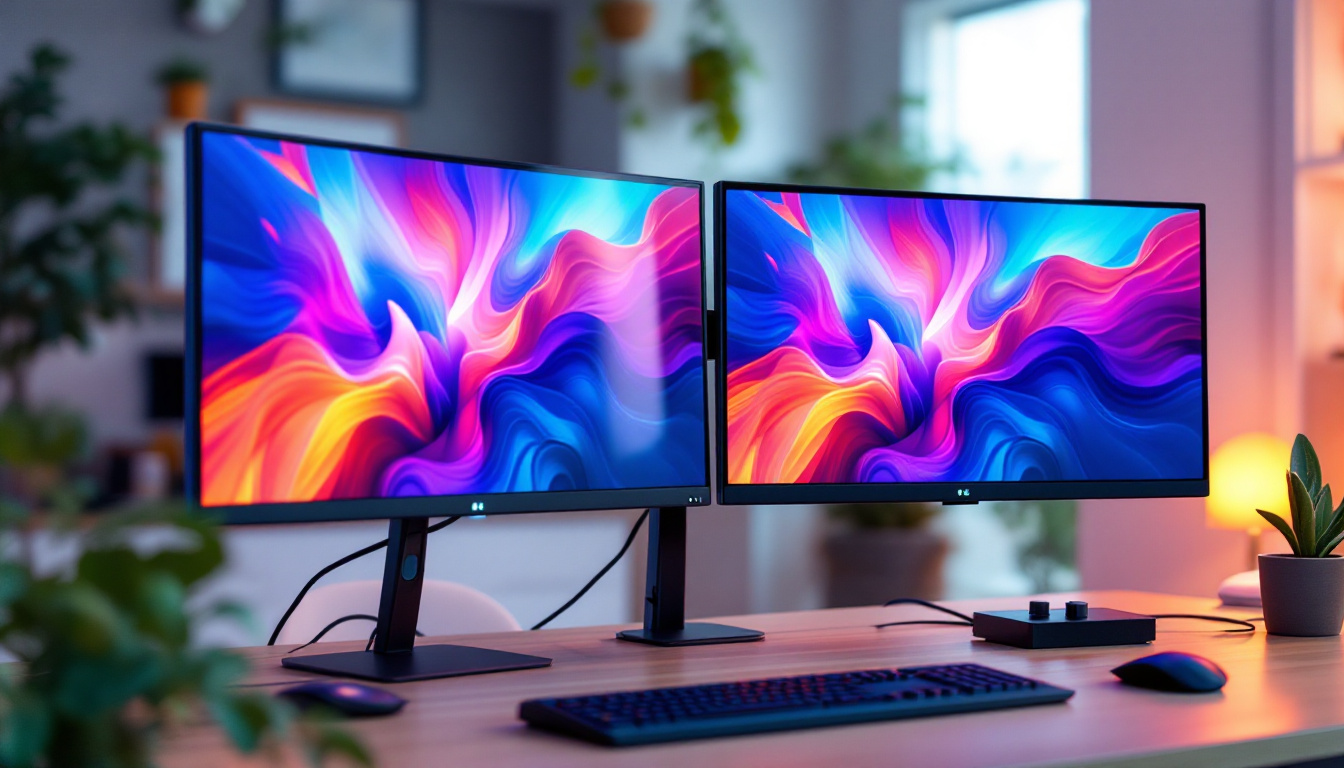 A photograph of a sleek dual computer screen mount setup in a modern workspace