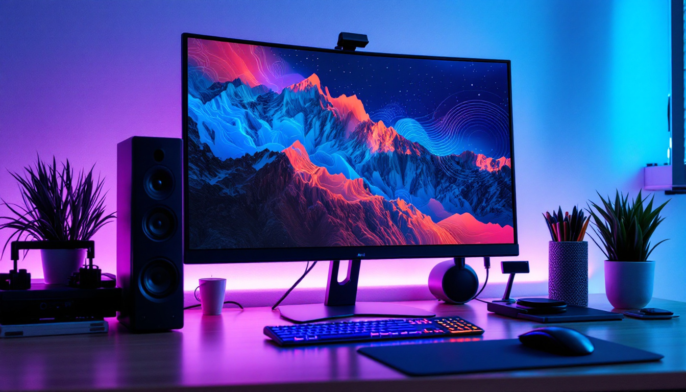 A photograph of a modern desktop setup featuring a vibrant led display