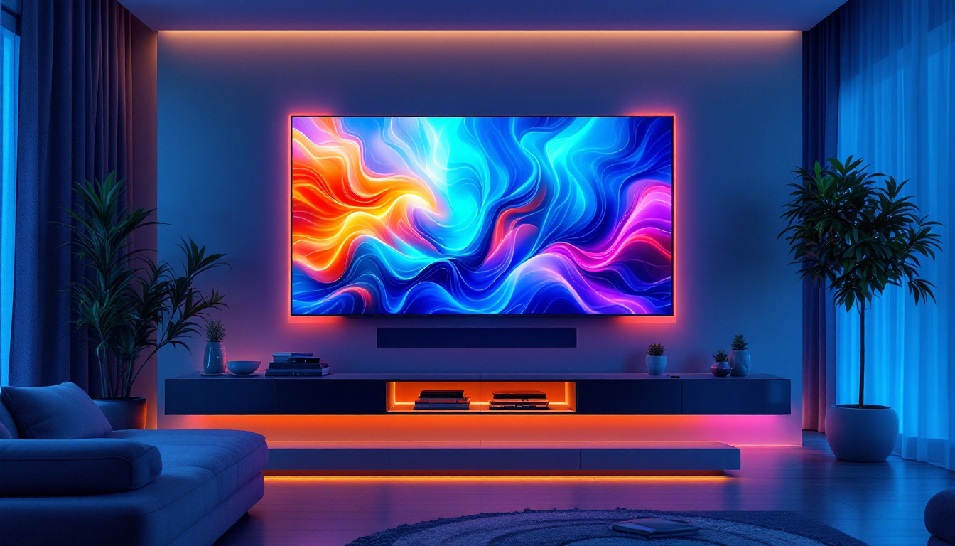 A photograph of a modern living room featuring a sleek led tv wall display