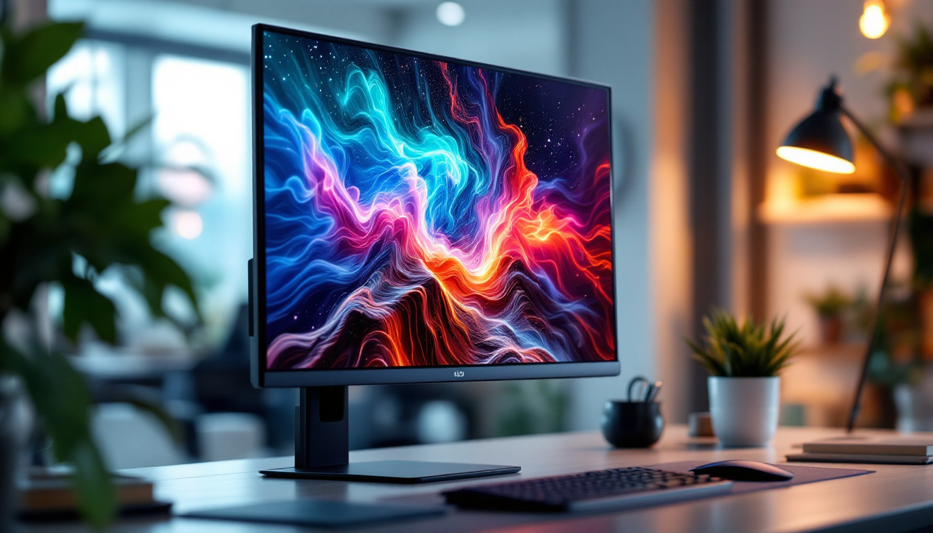 A photograph of a sleek 25-inch led computer monitor displaying vibrant