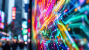 A photograph of a vibrant led display showcasing a dynamic diagonal pattern of colors and images