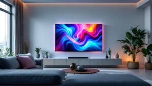 A photograph of a modern living room featuring a sleek led display integrated into the decor