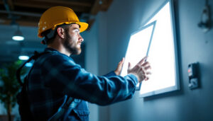 A photograph of a professional electrician installing an led panel light in a modern setting