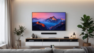 A photograph of a modern living room featuring a wall-mounted led tv at an optimal height