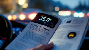 A photograph of a close-up view of an oregon driver's manual open to the page explaining led display features