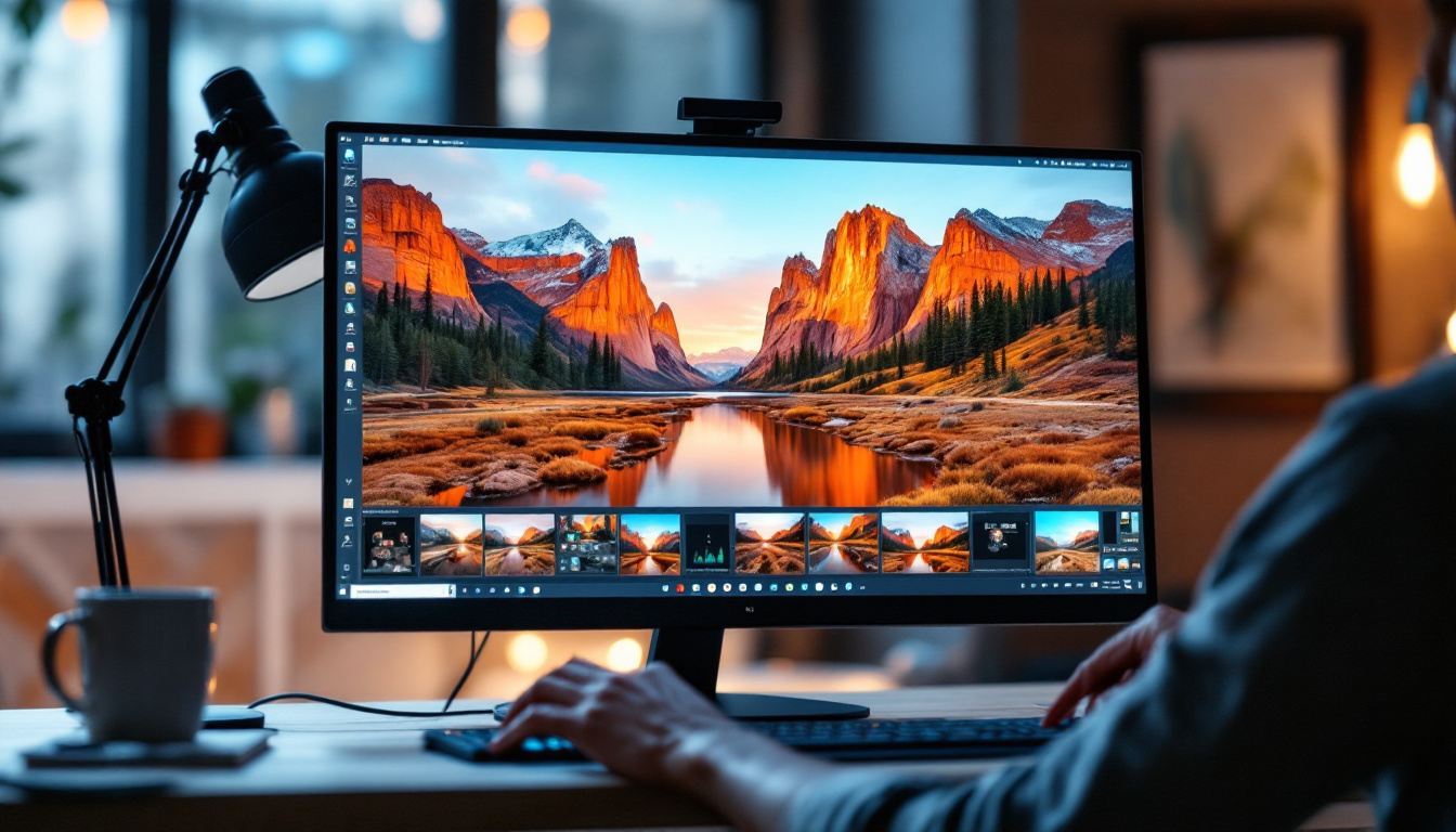 A photograph of capture a photograph of a sleek all-in-one monitor displaying vibrant