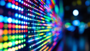 A photograph of a close-up of a vibrant led display in action