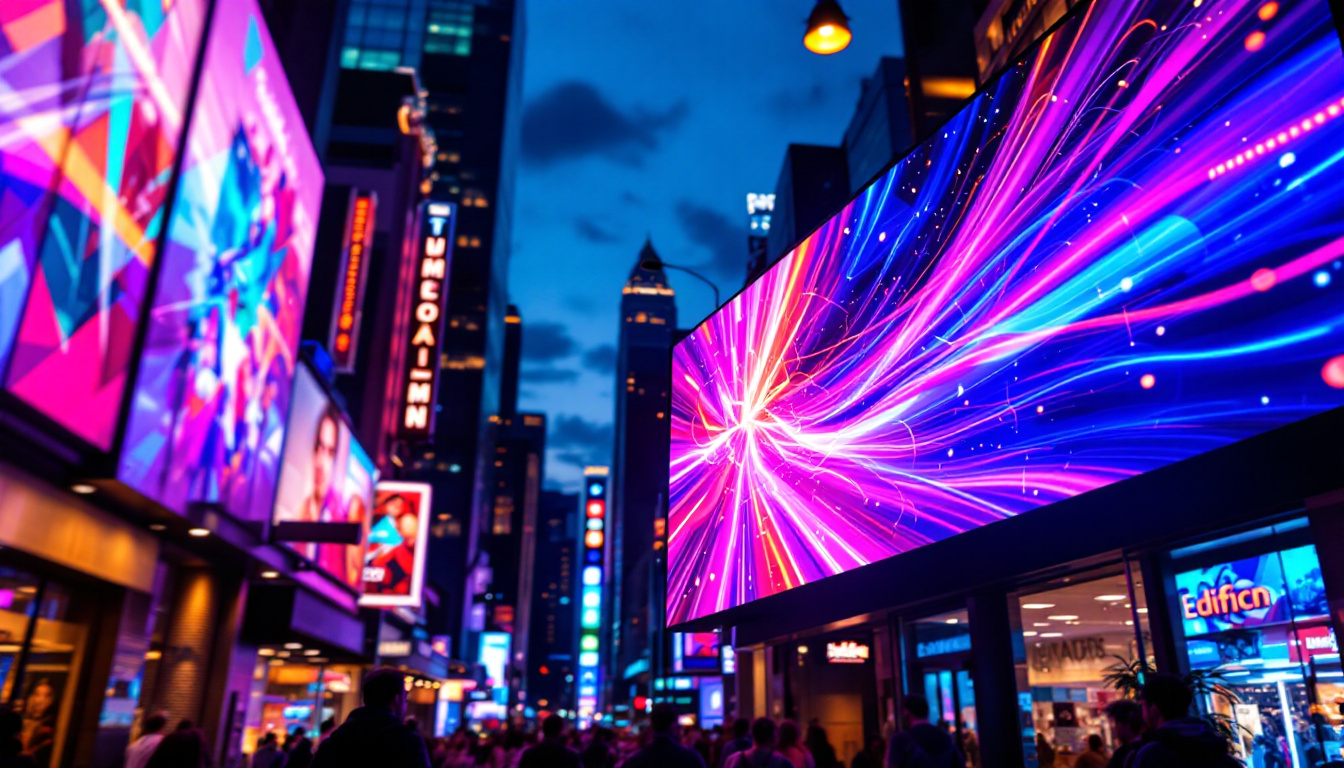 A photograph of a vibrant led display in a bustling urban environment at dusk