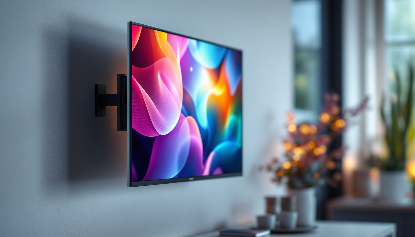 A photograph of a sleek led display mounted on a vesa-compatible wall bracket