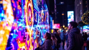 A photograph of a vibrant led display in a bustling beaverton location