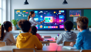 A photograph of a vibrant classroom setting featuring a teacher engaging students while using an led display screen