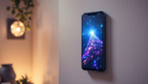 A photograph of a smartphone projecting a vibrant led display onto a textured wall