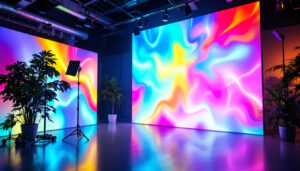 A photograph of capture a photograph of a modern studio setup featuring vibrant led wall panels in action