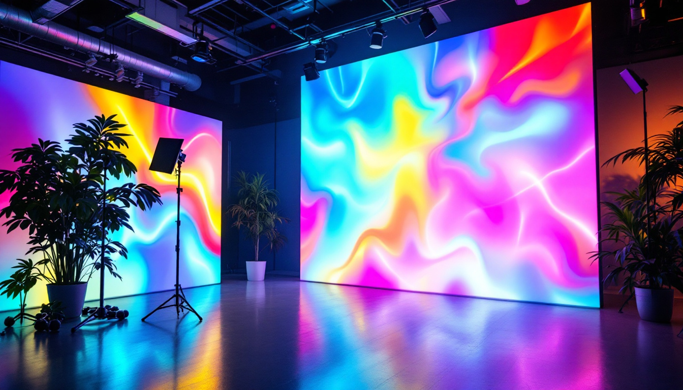 A photograph of capture a photograph of a modern studio setup featuring vibrant led wall panels in action