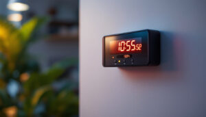 A photograph of a wall-mounted sound meter with a clear view of its led display