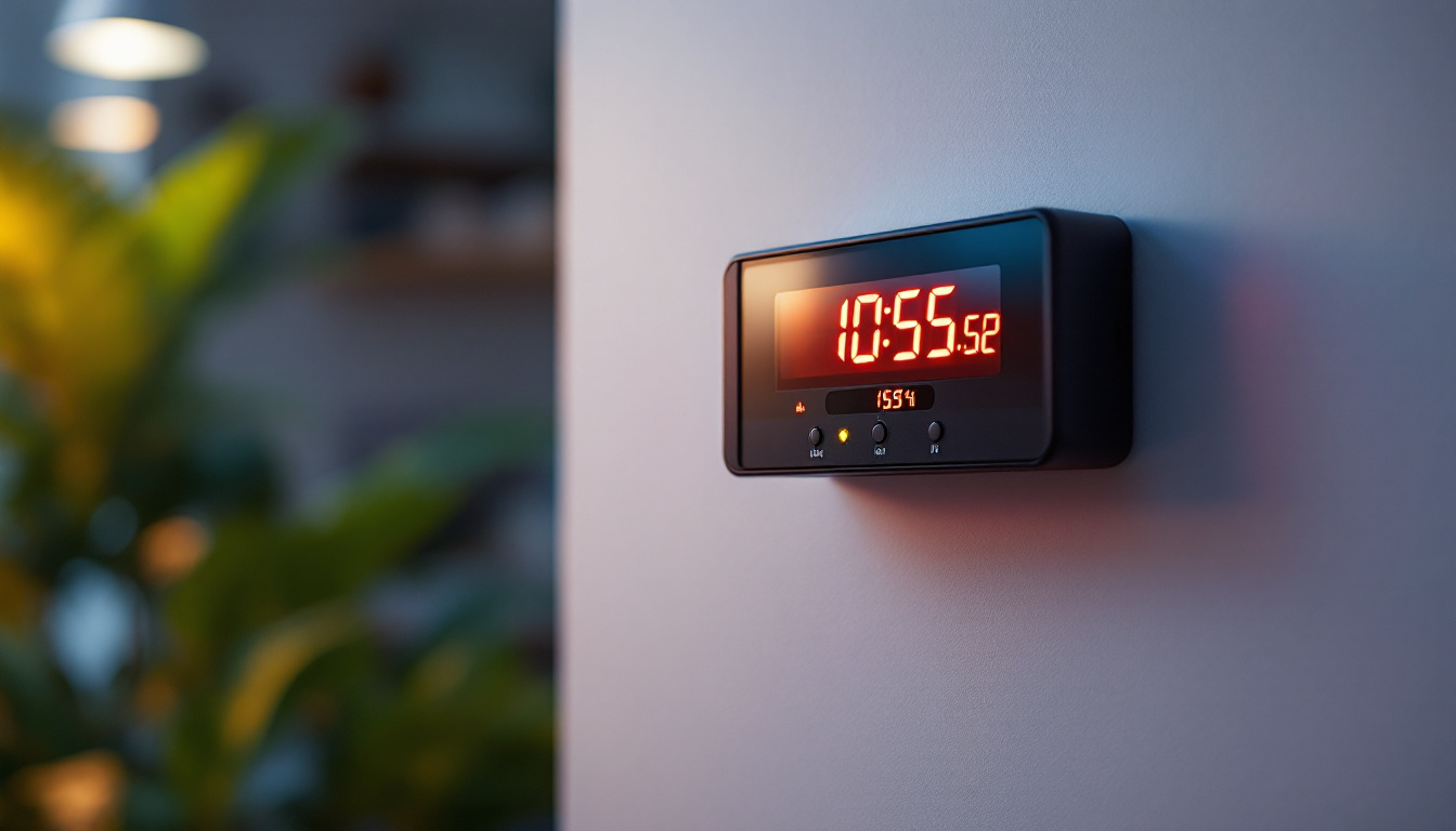 A photograph of a wall-mounted sound meter with a clear view of its led display
